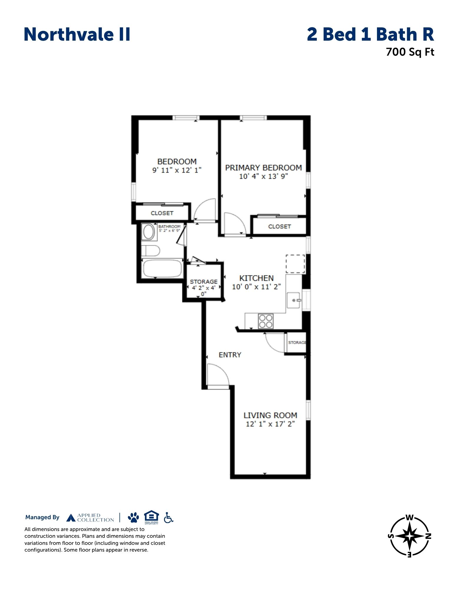 Floor plan for 2 beds, 1 bath, 700 sqft